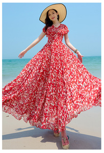 Đầm Voan Mùa Hè Mới Đầm Nữ Màu Đỏ Xòe Lớn Tay Ngắn Đầm Maxi Đi Biển - Product Image 2