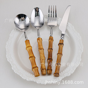 Bamboo Handle Western Cutlery Set Stainless Steel Knife Fork Spoon Teaspoon Minimalist Style <b>Dinnerware</b> - Product Image 4