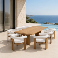 Ensemble de salle à manger d'extérieur en teck de luxe, table de patio 8 places avec fauteuils rembourrés pour villa, hôtel, complexe hôtelier, ferme, appartement