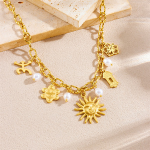 European American Style Stainless Steel Necklace Gold Plated Sun Charm Pearl Clavicle Chain Gift Jewelry - Product Image 2