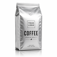 Sachet de café personnalisé argenté avec valve, pochette à soufflet latéral en feuille métallique, fournisseur d'emballages pour café en grains entiers