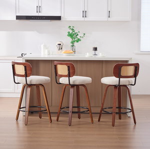 Set 3 26-Inch Counter Height <b>Bar</b> <b>Stools</b> Walnut Black Cane Rattan Back Beige Linen Upholstered Seat Swivel Eco-Friendly Gym - Product Image 4