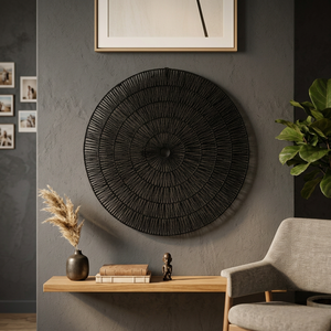 Grande assiette murale décorative en jonc de mer noir traditionnel tissé à la main, motif soleil éclatant, édition anniversaire pour salon, noir mystique - Product Image 5