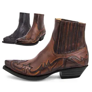 Dynamics men artificial leather shoes boots totem printing men hand made casual leather ankle boots brown pointed cowboy boots