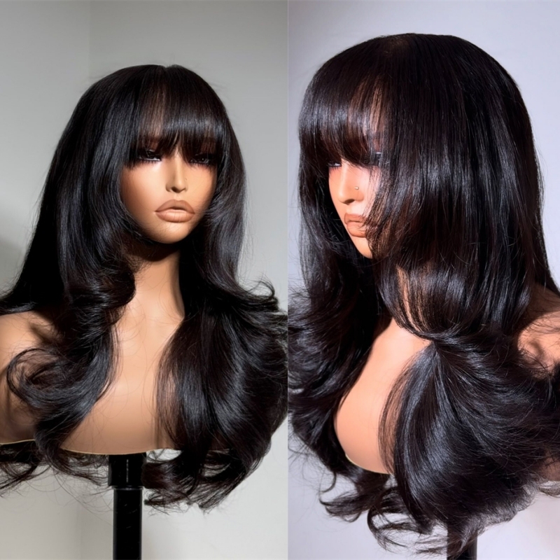 6x5 Glueless Curtain Bangs Wavy Wig