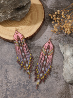 Boucles d'oreilles longues de fée faites à la main, style européen et américain, avec pampilles en cristal rose et perles de riz contrastées rose et violet