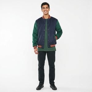 FINER THREADS Blouson universitaire décontracté en satin 100 % coton pour homme, hiver, avec logo personnalisé, design color block, col montant et boutons recouverts - Product Image 1