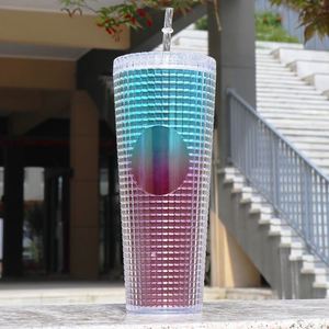 Double Wall Acrylic Water Bottle 710Ml Large Capacity Rainbow Laser <b>Cup</b> <b>Plastic</b> Party Tumbler With Straw - Product Image 4