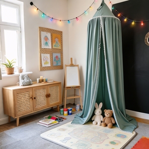 Baldacchino per <span class=keywords><strong>Letto</strong></span> Bambini Stile Nordico con Bordo in Pompon - <span class=keywords><strong>Zanzariera</strong></span> a Cupola Pieghevole in Poliestere per Stanza delle Bambine, Angolo Lettura e Tenda da Gioco - Product Image 2