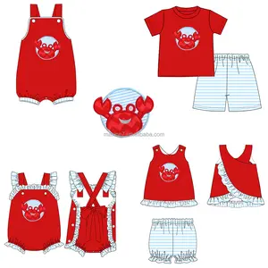 Populer pakaian anak-anak lucu kepiting applique pakaian anak perempuan dua potong ruffles butik bayi perempuan set