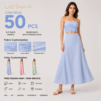 Ensemble deux pièces rayé pour femme, haut court tube froncé et jupe longue évasée taille haute, tenue d'été assortie en seersucker