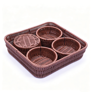 Panier en rotin avec 4 petits paniers ronds séparables, conteneur <span class=keywords><strong>de</strong></span> service multi-compartiments pour <span class=keywords><strong>fruits</strong></span> secs, noix, collations, bonbons - Product Image 1