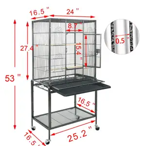 Gaiolas de pássaros revestidas em pó, fio de metal contemporâneo com rodas, gaiola grande para pássaro