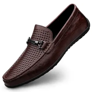 AMPLE Summer Hollow-carved Design Man Shoes Design Office Black Loafers Slip-On Luxury Casual Leather Moccasin Driving Shoes