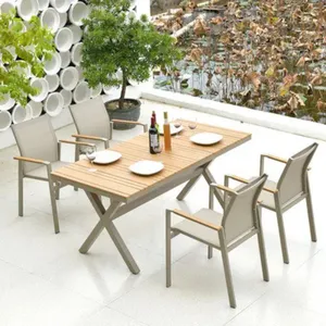 Outdoor Courtyard Garden Leisure Wood Table Rattan Chair Dining Table Sets