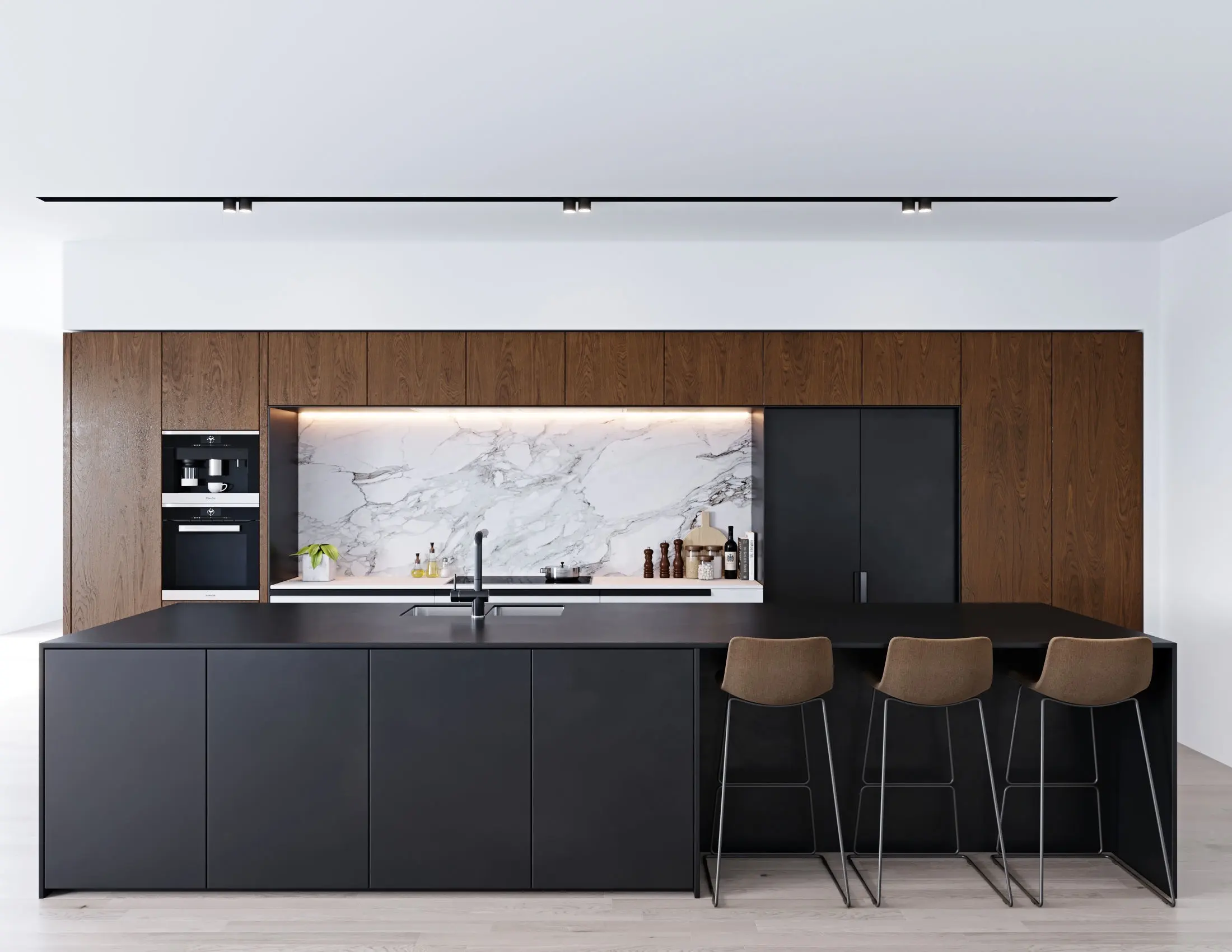 Modern Matt Lacquer And Wooden Kitchen Cabinets Complete Sets Assembled With Black Island