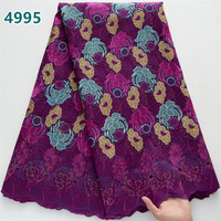Tissu en dentelle africaine brodé de fleurs multicolores violettes avec strass, dentelle ajourée pour robe de mariée, référence 4995