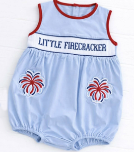 SR4093 Conjunto de pelele personalizado para bebés y niños pequeños, al por mayor, azul, con bordado de petardos, pelele de manga corta para niña - Product Image 1