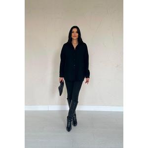 Camisa Larga Holgada Elegante Negra para Mujer, Poliéster, Color Sólido, Estilo Europeo, Prenda Casual - Product Image 5