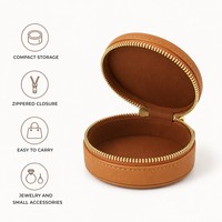 Astuccio Rotondo in Pelle PU Marrone con Cerniera per Gioielli, Mini Scatola Portatile da Viaggio per Orecchini a Cerchio, Organizer