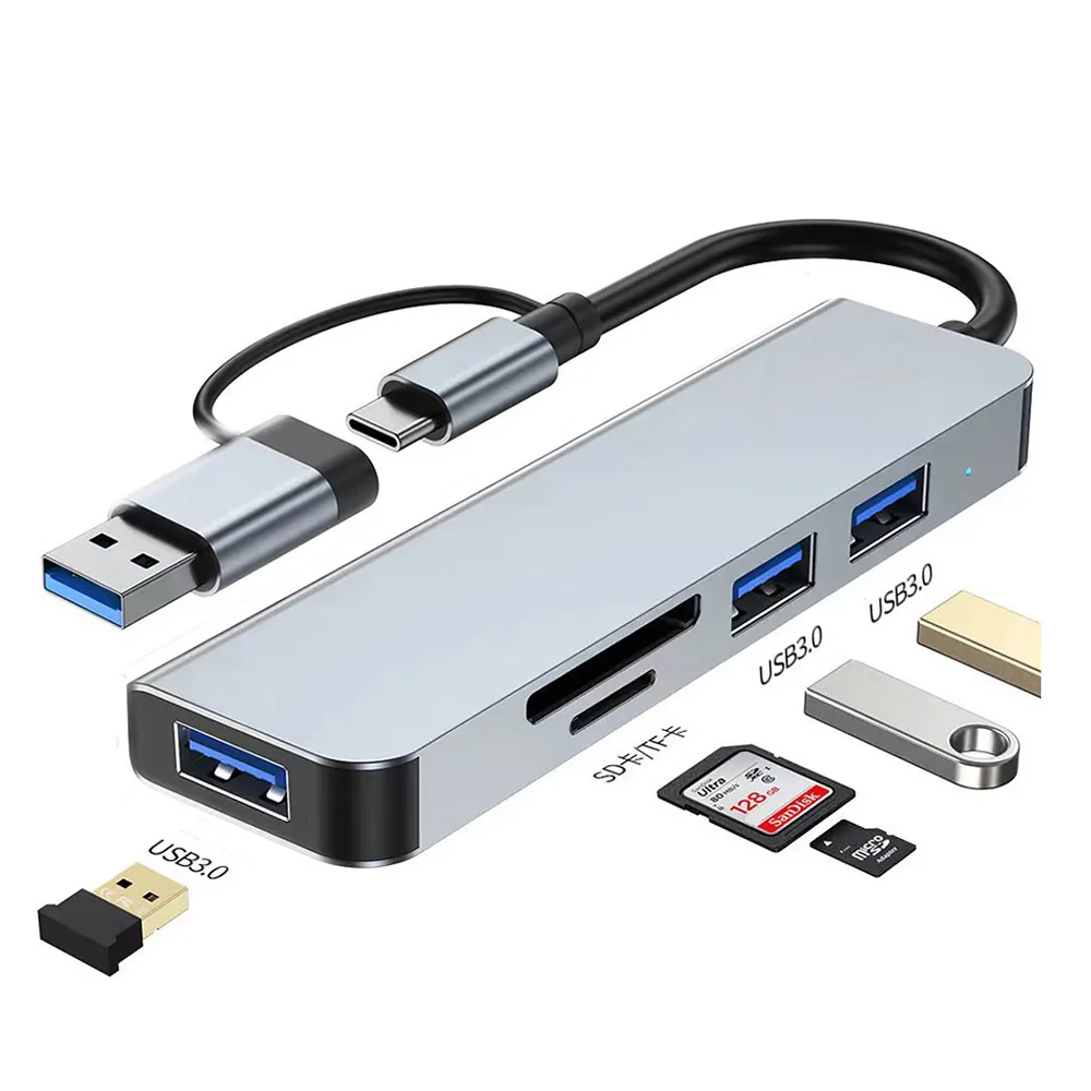 Alumínio 2 em 1 Expansão Dock USB 3.0 Hub PC USB Hub USB3.0 Splitter Adapter Port Tipo C Leitor de cartão para PC Laptop