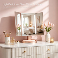 Miroir de maquillage LED pliable à trois volets avec commande tactile, compartiment de rangement frontal, angle réglable, miroir de vanité rechargeable