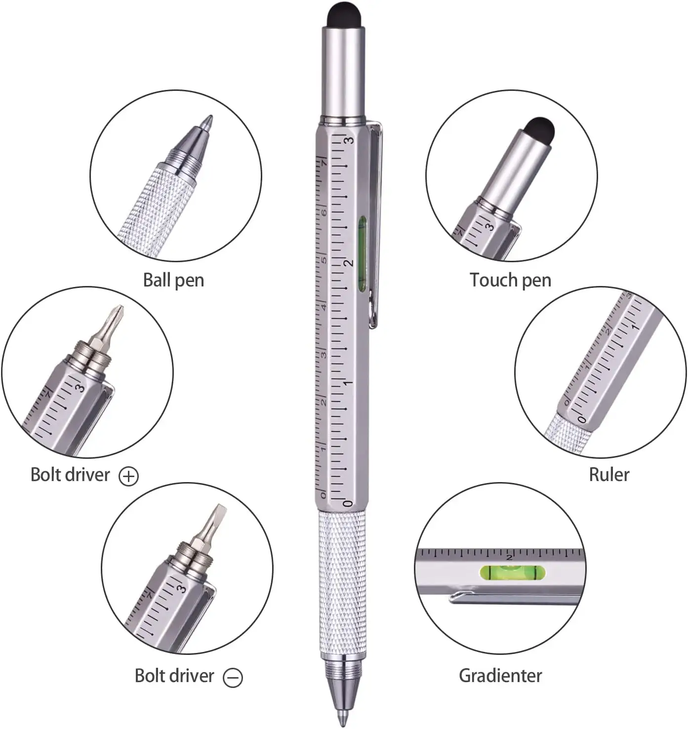 6 in 1 멀티 툴 펜 기능성 테크 툴 펜 레벨 및 스크루 드라이버 맞춤형 로고가있는 금속 스타일러스 볼펜