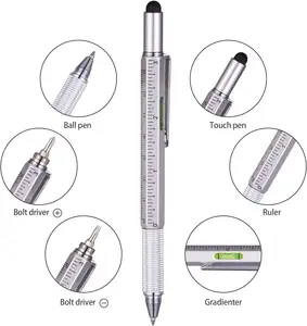 6 en 1 stylo multi-outils fonctionnel tech outil stylo métal stylet stylo à bille avec niveau et tournevis logo personnalisé