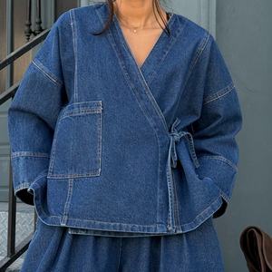 Conjuntos de Ropa de Calle para Mujer Otoño Invierno, Chaquetas de Manga Larga con Cuello en V, Jeans Rectos, Chaqueta Vaquera Vintage para Mujer, Conjunto de Pantalones - Product Image 2