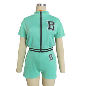 Casual 2 set di due pezzi completi donna cerniera manica corta Crop Top Skinny Biker Shorts abiti rosa verde set coordinati <span class=keywords><strong>2022</strong></span> - Product Image 4