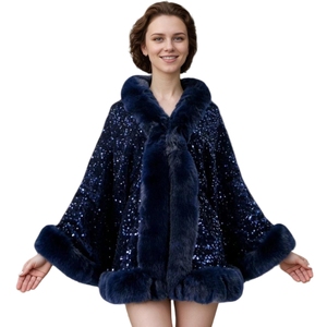 Women Sparkly Sequins <b>Wrap</b> Shawl Elegant Cloak with Faux Fur Trims Winter Warm Cape for Wedding Travel Night Out - Product Image 5