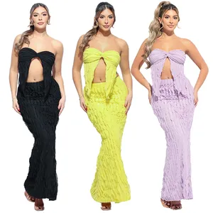 Summer unique sleeveless latest designs Women's evening prom dresses Ruffled tube top and maxi skirt set