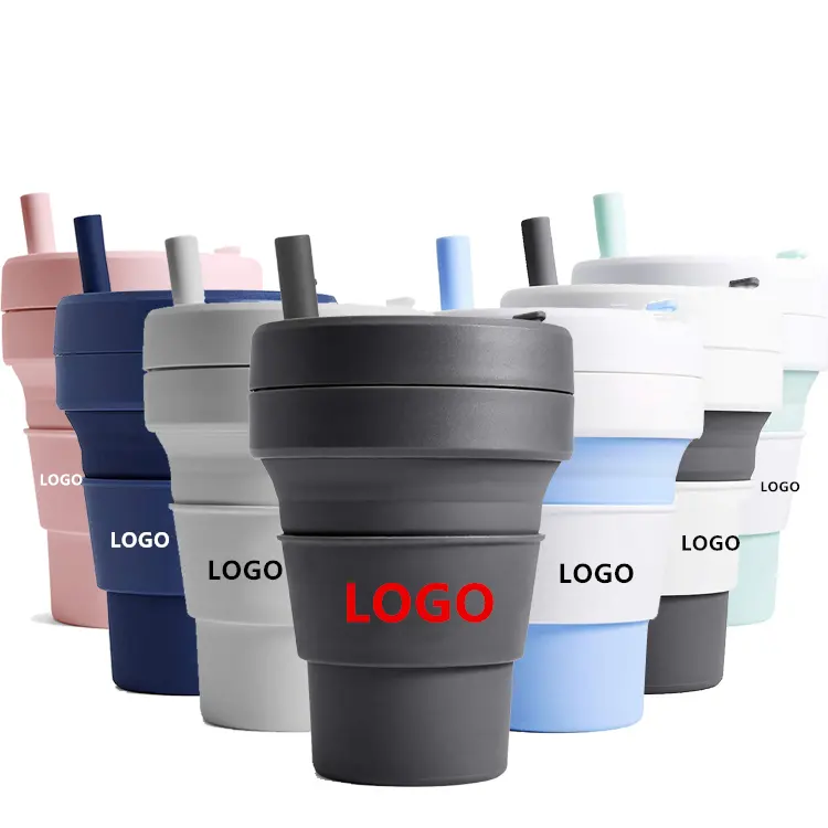 Benutzer definiertes Logo Günstige Travel Camp Faltbare Silikon Wasser Kaffeetasse mit Stroh deckel Klappbare Silikon Faltbare Kaffeetasse