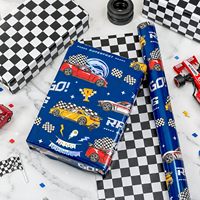 Papier d'emballage holographique personnalisé pour voiture de course, papier cadeau d'anniversaire à damier pour garçons, personnalisable, pour supercar