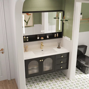 Bathroom cabinet French retro <b>oak</b> smart bathroom washbasin combination slate hot-bent integrated basin - Product Image 5