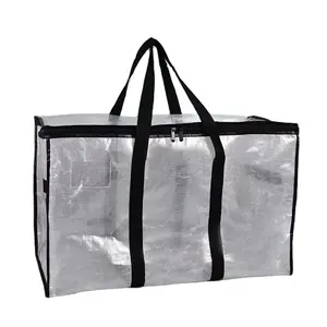 حقيبة منسوجة شفافة من البولي بروبلين بسعة كبيرة، حقيبة بسحاب، لحاف قطني محمول مقاوم للأتربة للتخزين