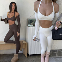 Ensemble de yoga 3 pièces personnalisé avec logo pour femme : soutien-gorge de sport dos nu, boléro à manches longues avec trous pour les pouces et leggings taille haute – Tenue de sport