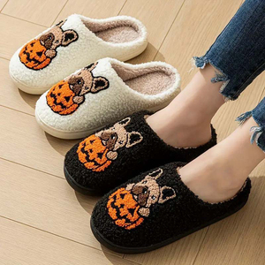 Pantuflas bordadas <span class=keywords><strong>de</strong></span> perro <span class=keywords><strong>de</strong></span> calabaza <span class=keywords><strong>de</strong></span> <span class=keywords><strong>Halloween</strong></span>, toboganes <span class=keywords><strong>de</strong></span> invierno <span class=keywords><strong>de</strong></span> piel sintética para otoño, hogar, comodidad interior - Product Image 1