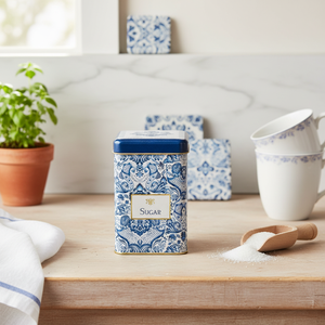 1.6L Azulejo-Inspired Blue White Decorative Pattern 105 x 105 x 160 mm Square Metal Storage Tin for Food Inspired Traditional - Product Image 3