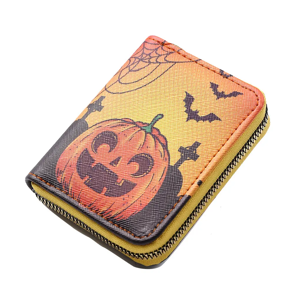 Perfect Gifts Wholesale Printed Pumpkin Kids Wallets PU Leather Mini Zipper Coin Purse Women Short Credit Card Holder Wallet
