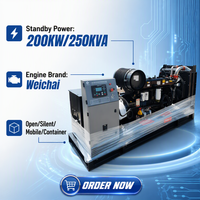 Groupe électrogène diesel silencieux 200KW 250KVA à démarrage automatique, châssis ouvert, 50Hz, avec réservoir de carburant intégré