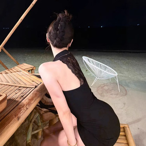 Black Lace Trimmed Halter Neck Dress Natural Waistline Breathable Camping Style Short <b>Skirt</b> - Product Image 2