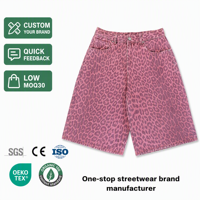 Celana Pendek Streetwear Y2k Custom Motif Leopard Camo All Over Printing Model Flare Baggy Denim Jorts Jean