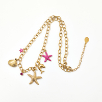 Chaîne à maillons roses en acier inoxydable plaqué or 14 carats avec pendentifs multiples (coquillage, étoile de mer, poisson) et diamants, style Charme Tropical, cadeau pour femme pour les fêtes