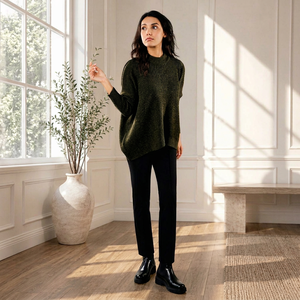 Pull en tricot côtelé vert olive pour femme, coupe ample, manches longues, col montant, asymétrique, pour un look décontracté - Product Image 1