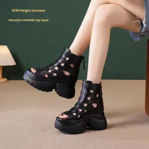 Kadın deri Roma sandaletleri, yaz stili, arkada fermuarlı, kalın tabanlı, boy uzatan, 9CM ultra yüksek topuklu dolgu topuk ayakkabılar - Product Image 1