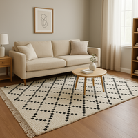 Tapis shaggy en laine fait main noir et blanc à motif géométrique losanges, à poils longs, antistatique, adapté aux animaux domestiques, pour salon et chambre à coucher