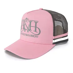 Custom High Quality 5 Panel Fashion Structured Pink Cotton Twill Mesh Leather Patch Logo Trucker Cap Hat For Women