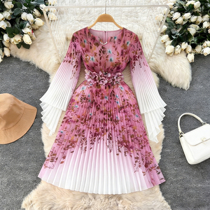 Abito Elegante in Stile Europeo per Donne, Lunghezza a Terra con Motivo Floreale, Moda Casual Autunno Primavera, <span class=keywords><strong>Vestito</strong></span> Plissettato - Product Image 1