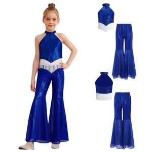 6-16 Kids Girls Modern Dance <b>Clothes</b> Jazz Dance Costume Crop Top With Bell-Bottom Pants For Stage Performance Classes Stage Show - Product Image 3